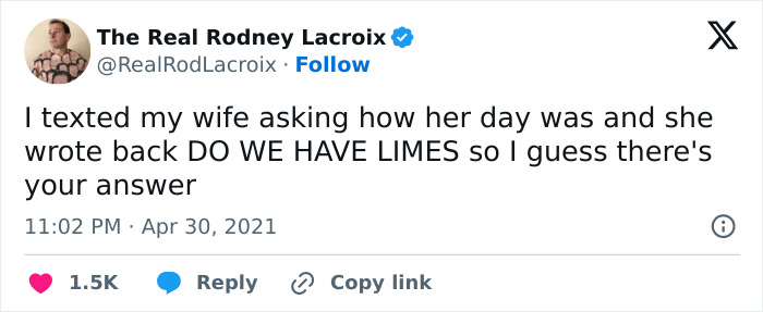 Tweet screenshot showing a humorous and relatable dad text about asking his wife how her day was.