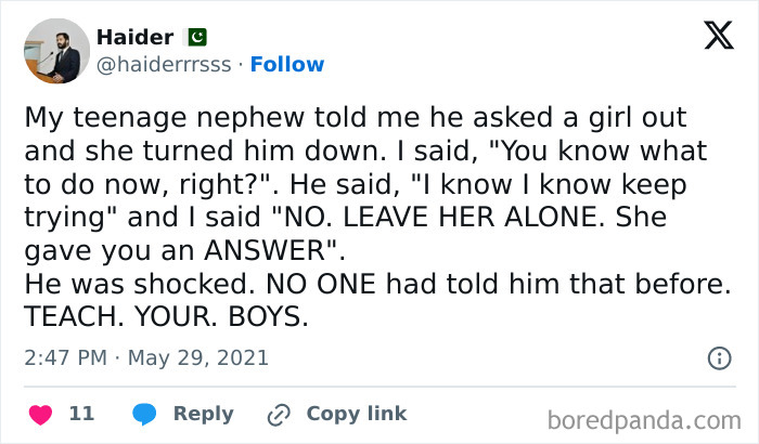 Tweet highlighting feminist advice on respecting boundaries and teaching boys about consent, calling out the patriarchy.