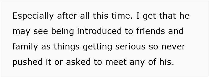 Text excerpt from a woman&rsquo;s casual BF in a 3-year situationship avoiding introduction to friends and family.