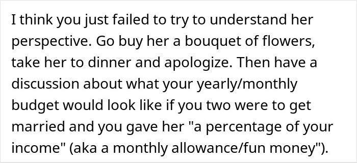 Text excerpt discussing understanding a woman's perspective on sharing a percentage of income in a relationship contract.