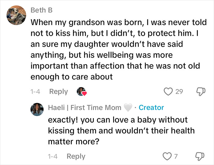 Comments discussing a woman&rsquo;s gentle reminder for grandma to not kiss her baby to protect the baby's health.