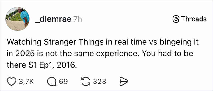Screenshot of a Threads post discussing the experience of watching Stranger Things in real time versus bingeing it later.