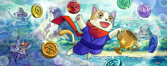 Colorful animated cat wearing a blue outfit, jumping with coins and a trophy in a vibrant Google Doodle game scene.