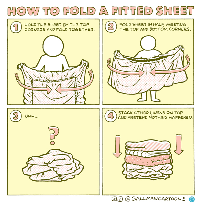 Illustration showing a humorous guide on how to fold a fitted sheet for people who hate New Year’s resolutions.