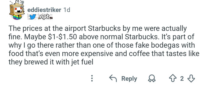 Screenshot of a Reddit comment discussing the high prices and challenges faced by airport baristas at Starbucks locations.
