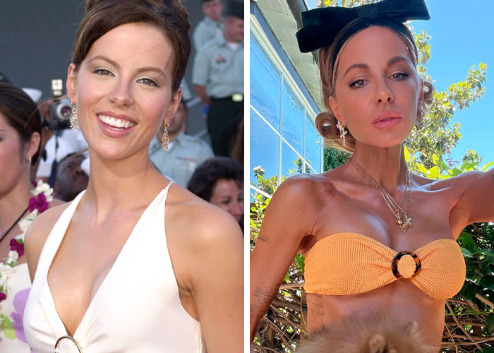 Side by side photos of a famous woman demonstrating youthful appearance and beauty, showcasing forever young look.