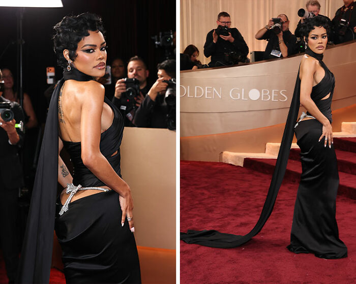 Celebrity wearing a black gown with dramatic cutouts and a long train on the red carpet at the Golden Globes fashion disasters.
