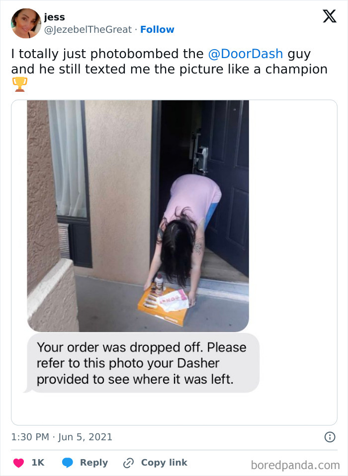 Customer photobombing delivery confirmation pic showing food left at front door by driver for humorous proof.