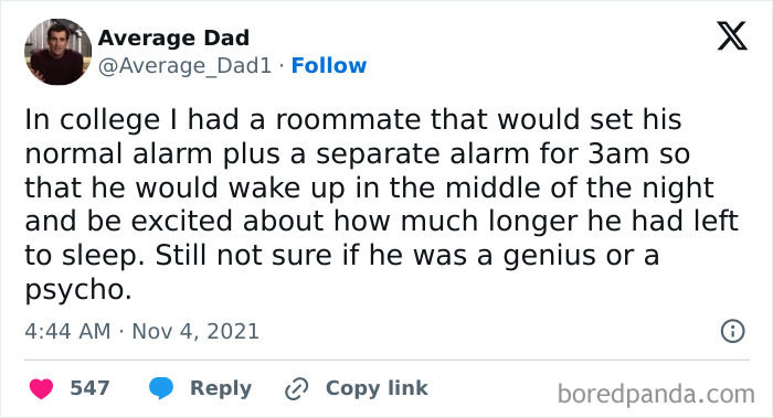 Young man smiling and relaxing in bed with a funny screenshot about waking up early alarm to distract.