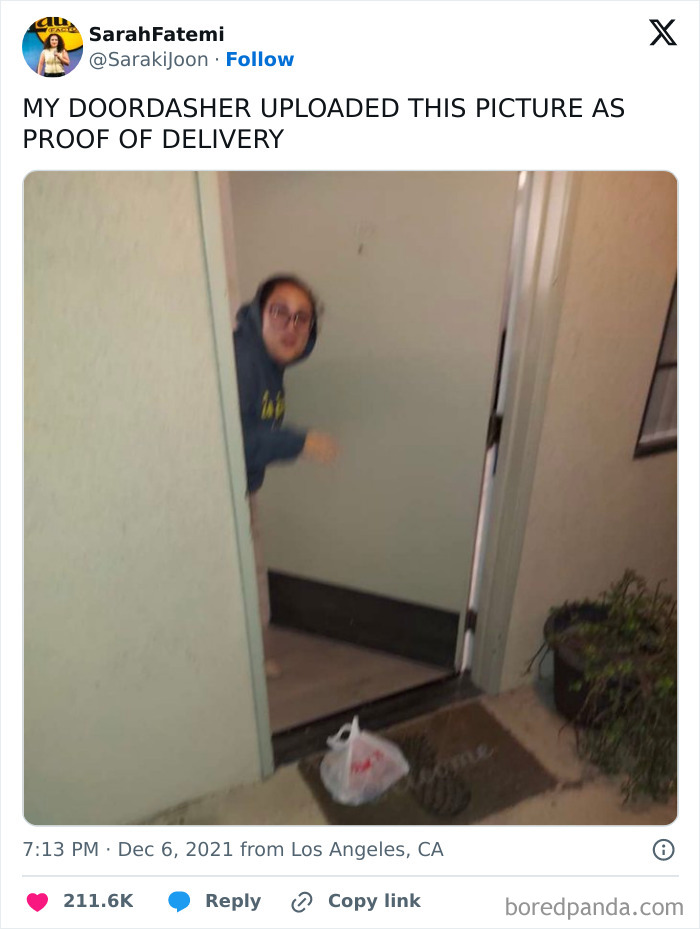Customer peeks from door while DoorDash driver leaves delivery bag, a humorous delivery confirmation pic from drivers.