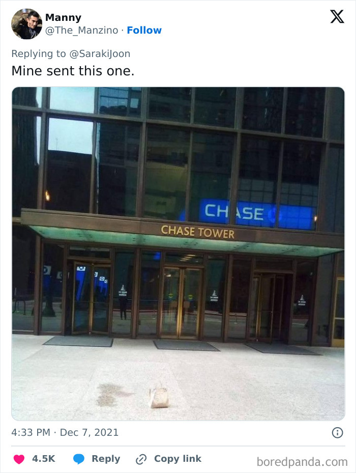 Small delivery package left on the ground in front of Chase Tower, a funny delivery confirmation pic from drivers.