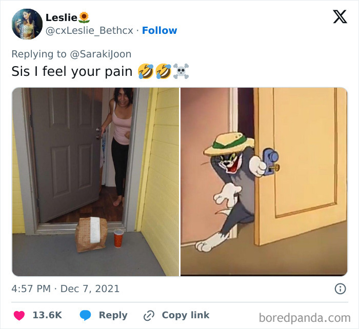 Delivery confirmation pic showing a package and drink left at the door with a humorous Tom cartoon for hilarious delivery moments.