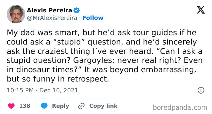 Tweet by Alexis Pereira recalling an embarrassing situation that became funny later involving a silly question about gargoyles.