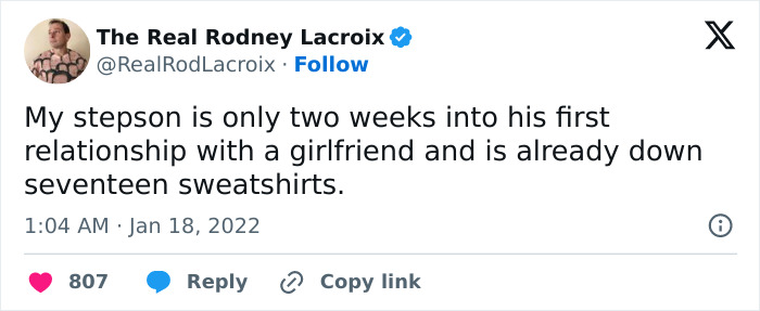 Screenshot of a humorous tweet about a stepson's first relationship, related to dads and husbands relatable posts.