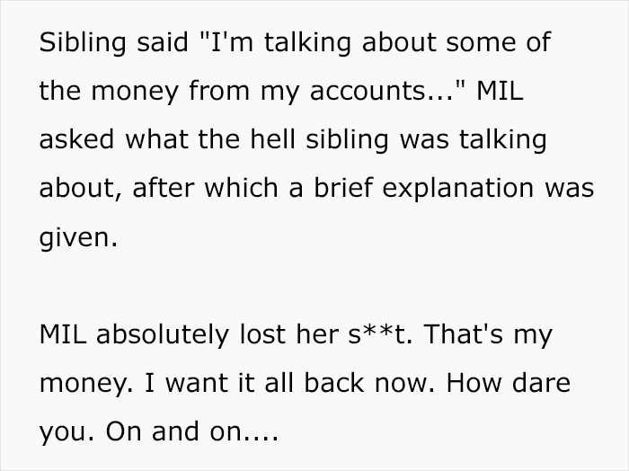 Text excerpt showing greedy mom freaking out over inheritance plans, MIL demanding money