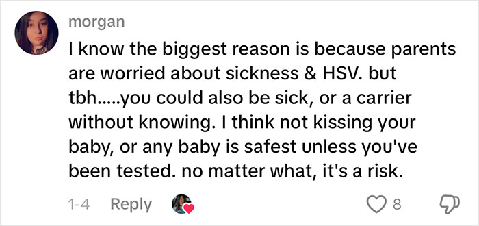 Comment discussing why not kissing a baby is safest to avoid sickness, shared in a viral woman's gentle reminder post.