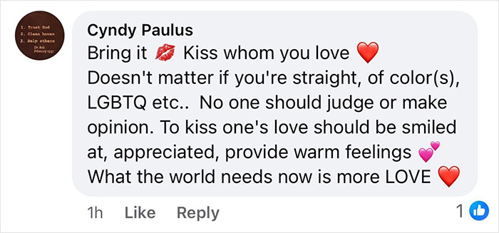 Supportive social media comment praising a gay couple kissing, urging love and acceptance Supportive social media comment praising a gay couple kissing, urging love and acceptance