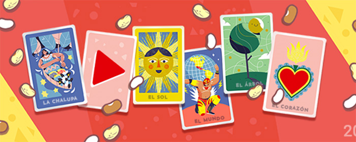 Colorful Google Doodle cards featuring playful illustrations on a red background, highlighting popular Google Doodle games.