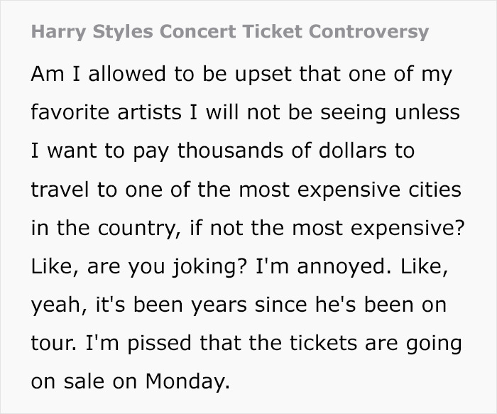 Text showing fans upset over the high prices of Harry Styles new tour tickets amid ticket controversy.