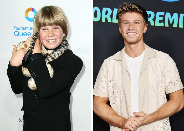 Split image showing a young and adult version of a celebrity, illustrating how a decade can transform celebs over time.