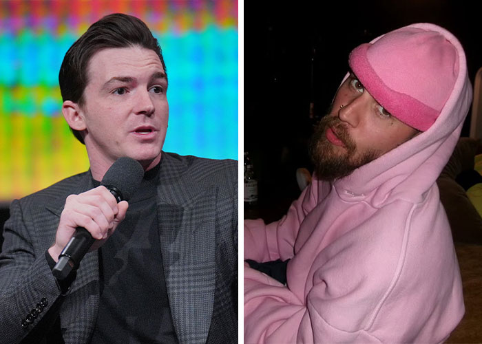 Two celebs in contrasting settings, one speaking into a microphone, the other in a pink hoodie, symbolizing drama with unbothered stars.