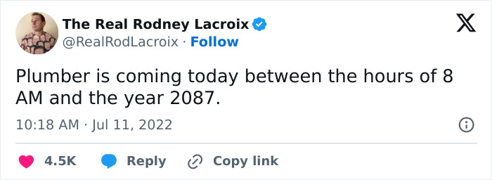 Tweet from The Real Rodney Lacroix humorously exaggerating plumber arrival times, relatable for dads and husbands online.