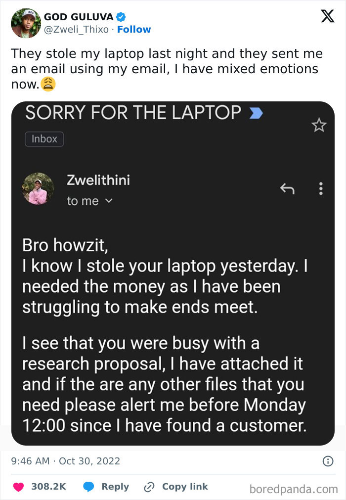 Funny screenshot of an email from a laptop thief apologizing and returning a research proposal to distract from responsibilities.