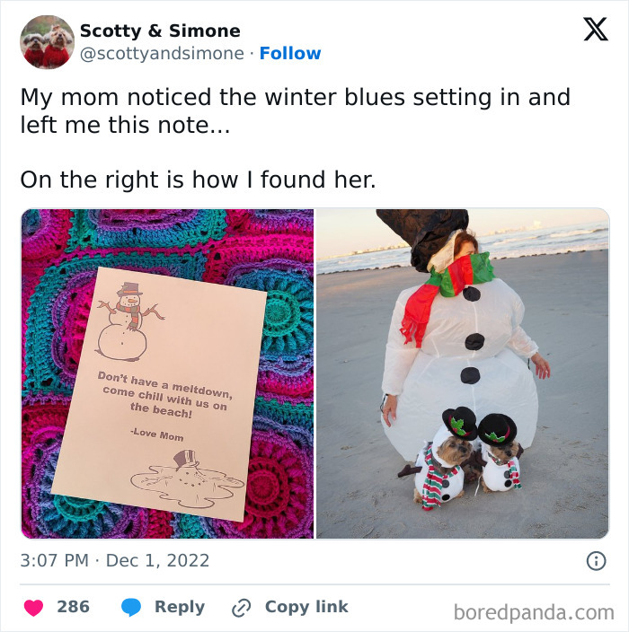 Creative and amusing notes left by parents with a humorous snowman-themed message and beach costume photo.