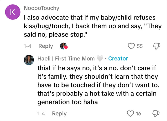 Comments discussing a woman&rsquo;s gentle reminder for grandma to not kiss her baby and respecting the baby's boundaries.