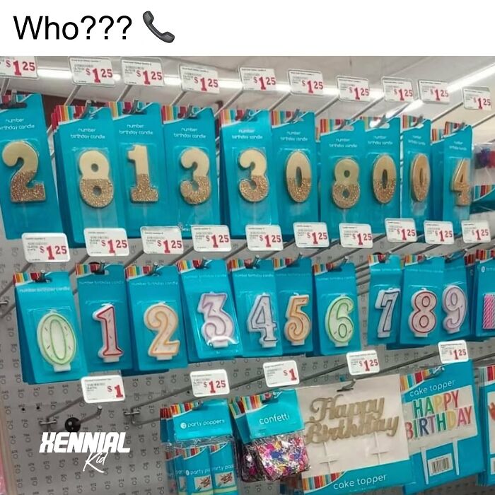 Birthday number candles on store display priced at $1.25, evoking nostalgic trip down memory lane for Xenials.