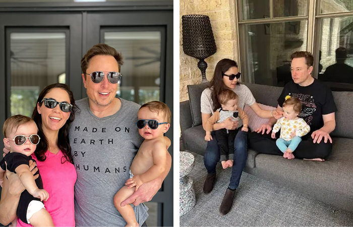 Elon Musk with family wearing sunglasses, spending time with children from multiple mothers over two decades.
