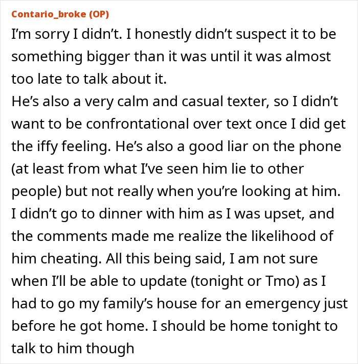 Text excerpt showing a person explaining doubts about cheating and mentioning calm texting and good lying skills in a relationship.