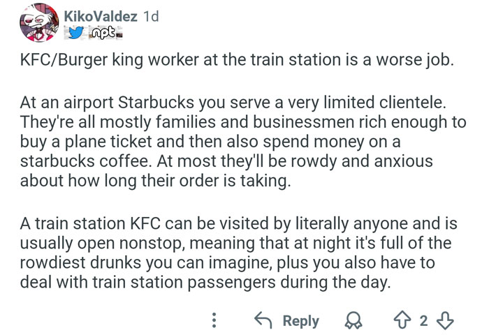 Tweet discussing the challenges and clientele airport baristas face, highlighting why it is one of the worst jobs.