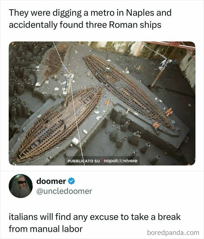 Archaeological discovery of three Roman ships during metro digging in Naples featured in popular internet posts.