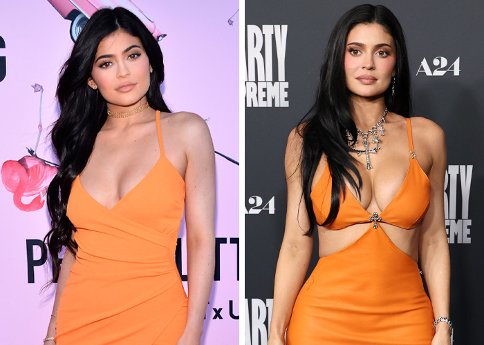 Celebrity transformation over a decade shown with side-by-side images of a woman in an orange dress at different events.