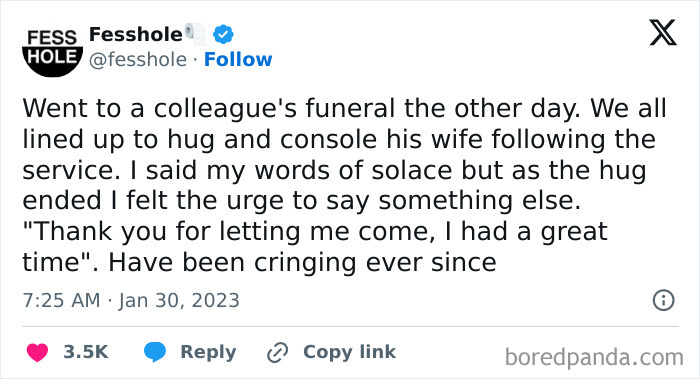 Tweet about an embarrassing situation at a colleague's funeral that only became funny much later.