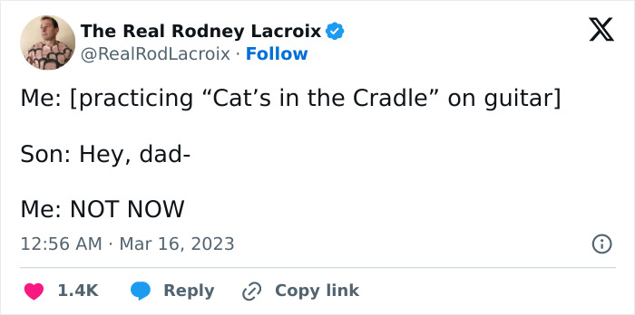 Tweet showing a dad humorously ignoring his son while practicing guitar, relatable for dads and husbands.