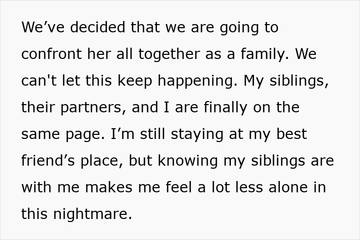 Text about family confronting mother after she secretly goes through girlfriend’s wallet and takes photos of her ID.