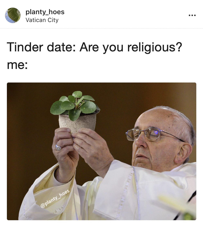 Elderly man in religious robes holding a small potted plant, humorously referencing resolutions for people who hate New Year’s resolutions.