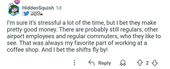 Social media comment about airport baristas sharing why they have one of the worst jobs ever, mentioning stress and regulars.