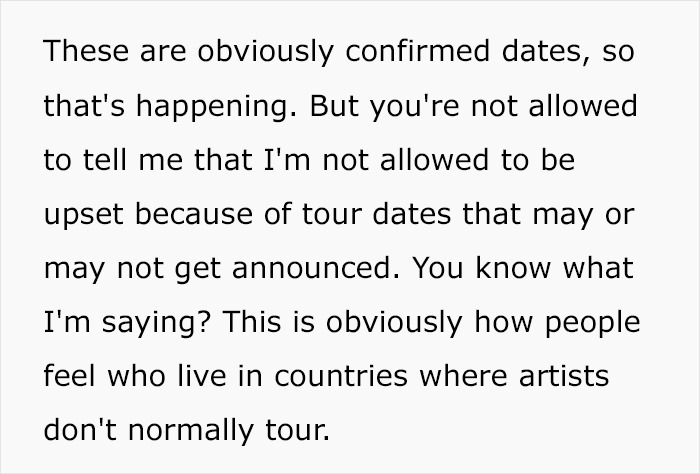 Text excerpt discussing fan frustration over Harry Styles new tour tickets and confirmed dates announcement controversy.