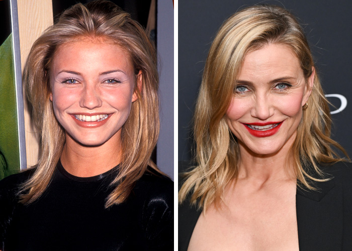 Side-by-side images of a famous woman showcasing youthful appearance, symbolizing famous women who stay forever young.