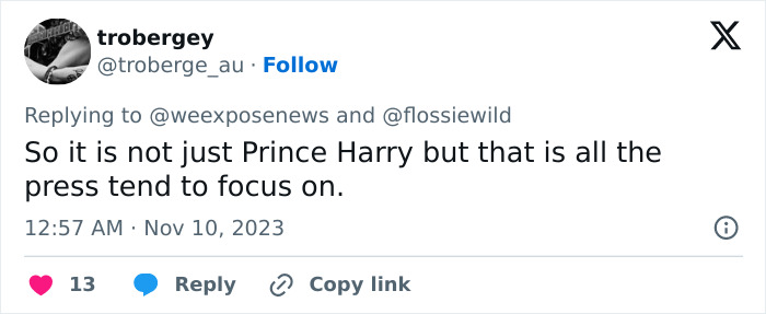 Tweet discussing Prince Harry and media focus, related to Liz Hurley breaking down in tears during trial accusations.