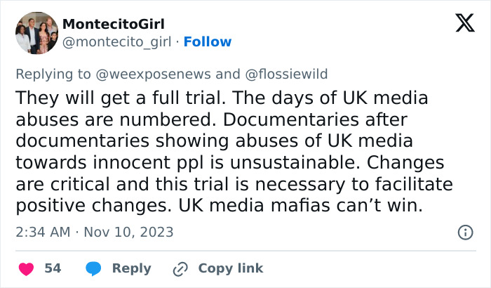 Tweet text about UK media abuses and trial related to Prince Harry, reflecting emotional and critical public sentiment.