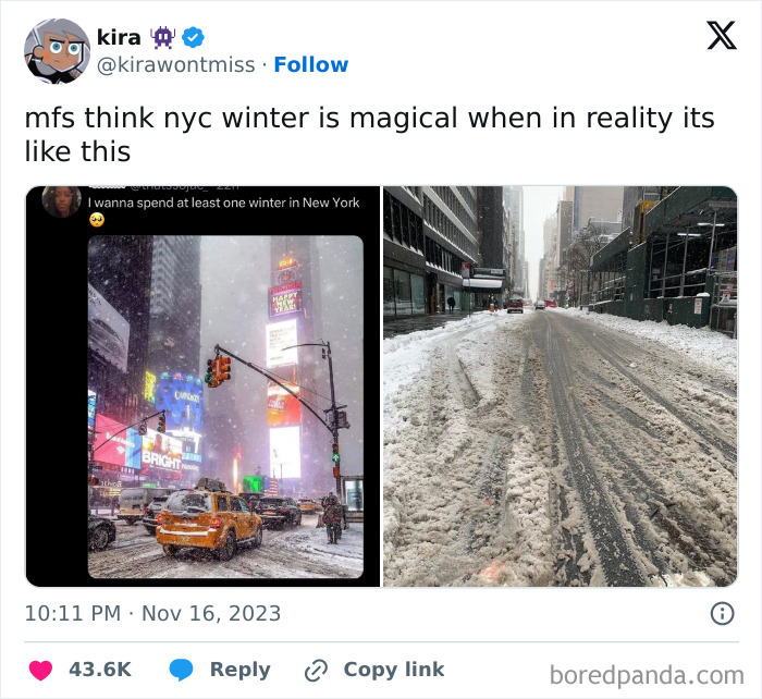 Side-by-side images showing magical versus messy NYC winter street scenes, highlighting spot-on winter tweets humorously.