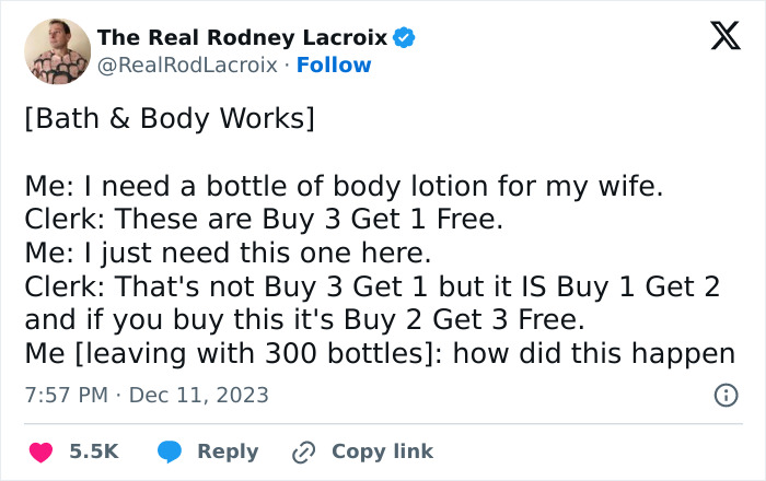 Tweet showing a humorous dad's relatable story about confusion over body lotion deals at a store checkout.