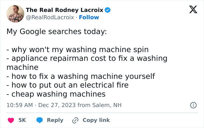 Tweet showing humorous Google searches about fixing a washing machine, relatable for dads and husbands online.
