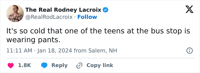 Tweet by The Real Rodney Lacroix humorously describing cold weather, relatable content for dads and husbands posts.