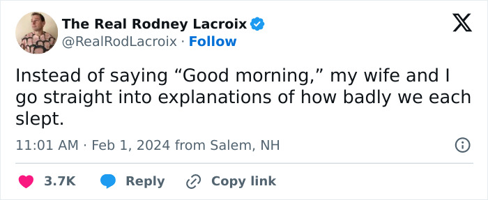 Tweet about a dad and husband humorously describing how he and his wife skip greetings to talk about their sleep troubles.