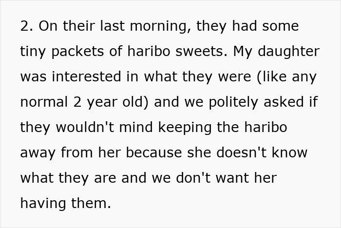Screenshot of a text excerpt about a 2-year-old and haribo, woman furious after BIL and his wife laugh